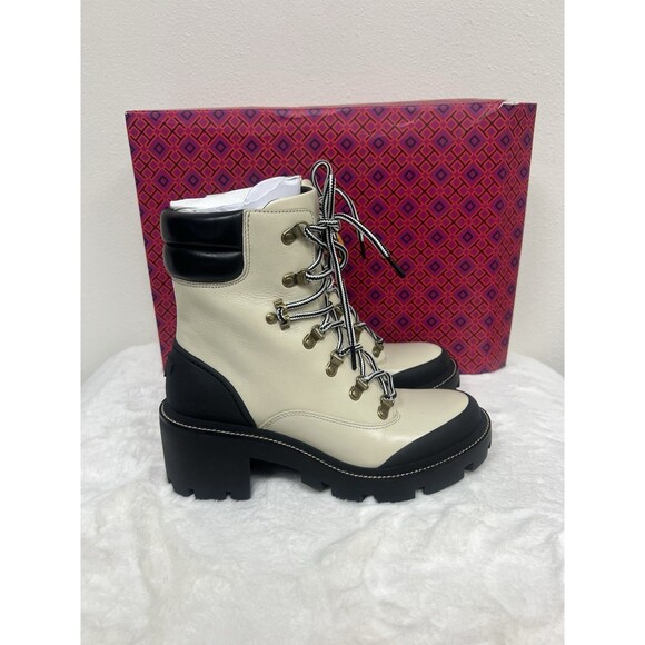 NEW Tory Burch Lug Sole Hiker Ankle Boot in New Ivory/ Perfect Black Size 10 - Picture 3 of 11